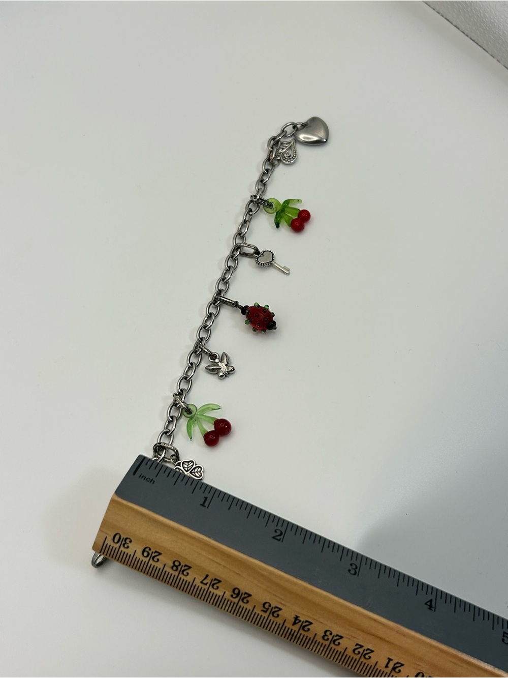 Red Cherry Charm Bracelet Silver-tone Strawberry Hearts Clover Oval Link 8" - Picture 10 of 10